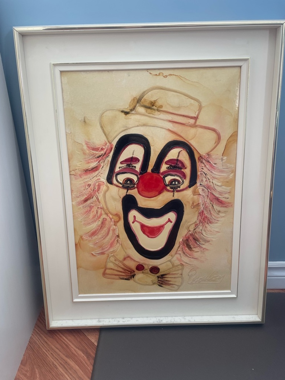 Framed Vintage Clown Portrait - Red Nose, Pink Hair